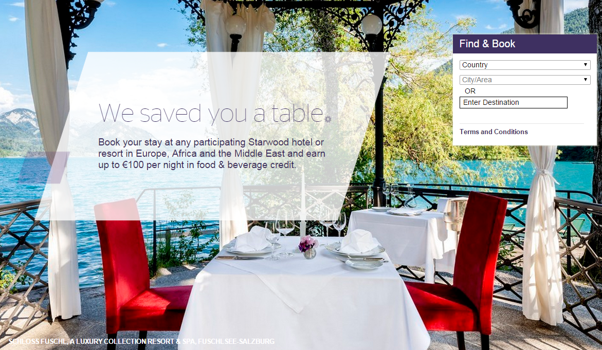 Starwood Europe Middle East Africa Up To 100 Euro F&B Credit Per Night